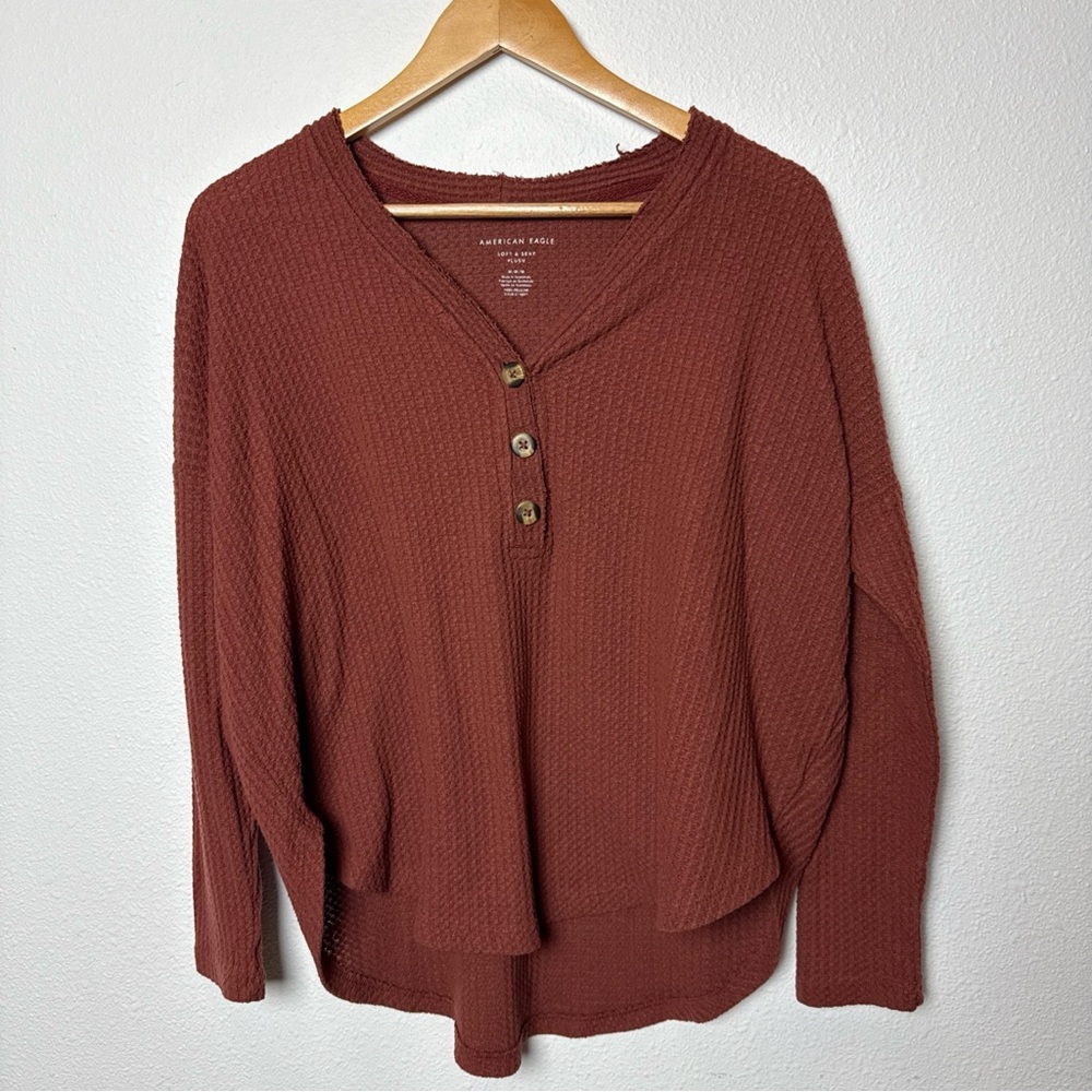 American‎ Eagle Outfitters Henley Waffle Knit Top - Brick Red
